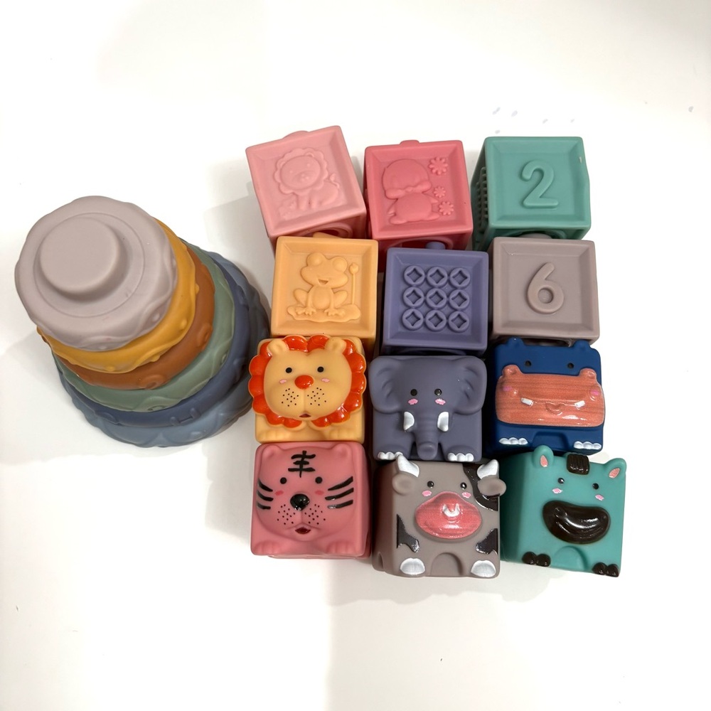 Colorful Stacking Baby Toy Set Animal Number Stacking Blocks Silicon